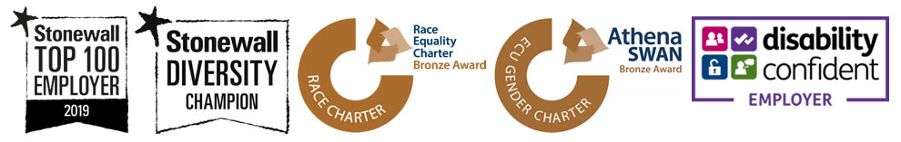 Stonewall Top 100 Employer 2019, Stonewall Diversity Champion, Race Equality Charter Bronze Award - Race Charter, Athena Swan Bronze Award - ECU Gender Charter, Disability Confident Employer